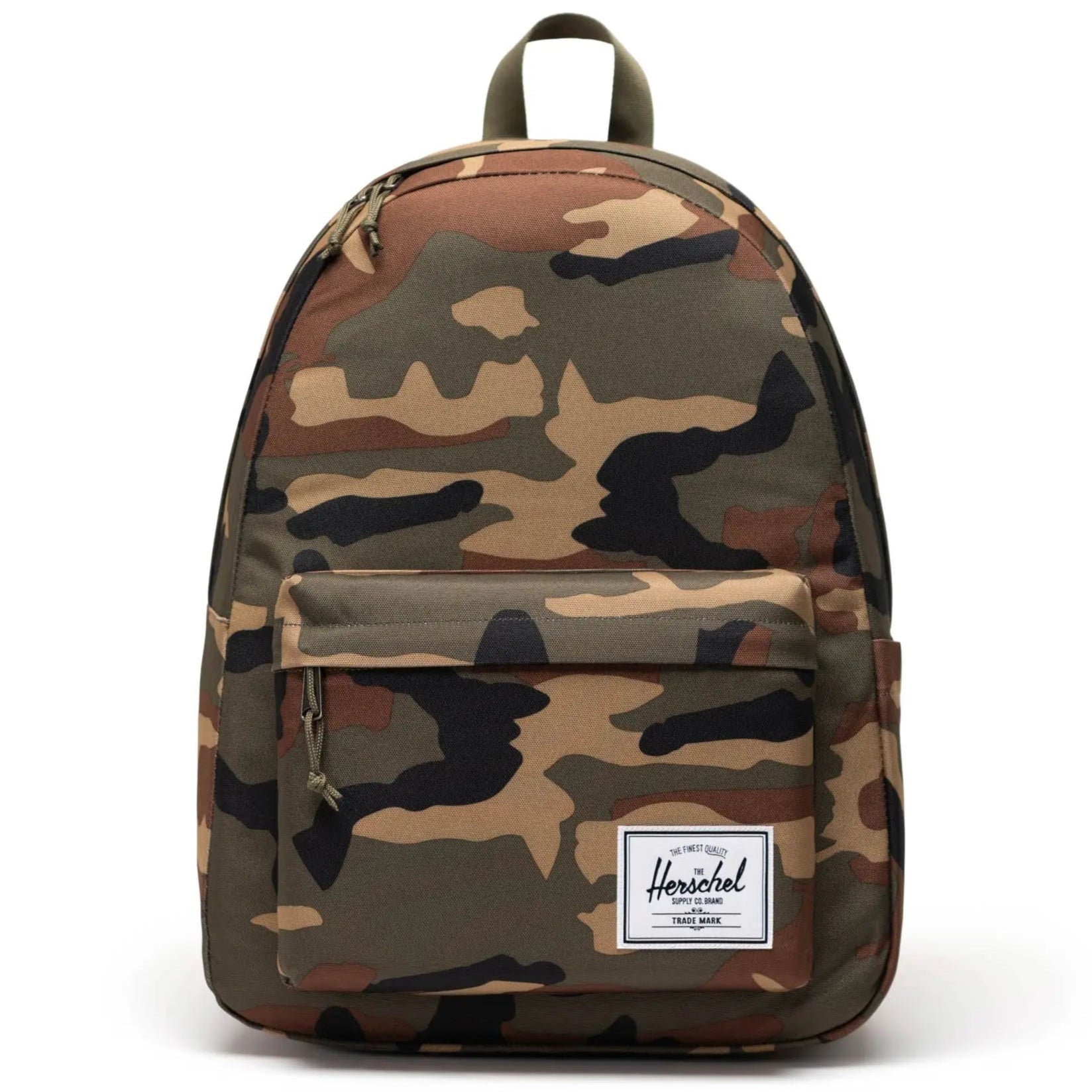 Camouflage-patterned backpack with Herschel logo on a white background