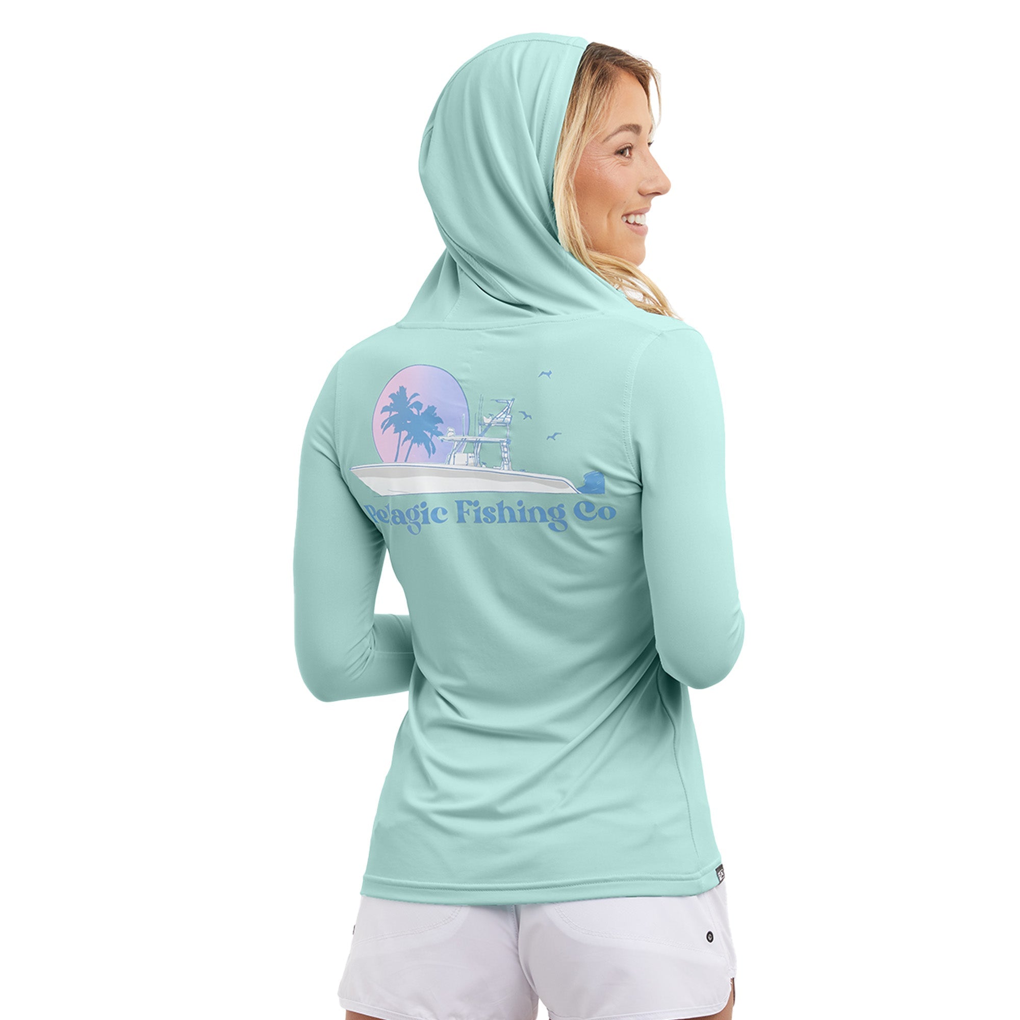 Pelagic Women's Aquatek Evening Fade Hooded Fishing Shirt XS / Tropical Aqua