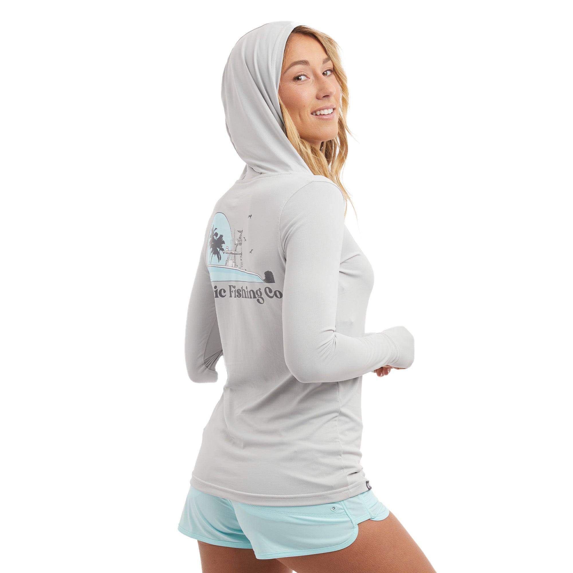 Pelagic Aquatek Evening Fade Women's Hooded Fishing Shirt UPF 50+ - Light Grey XS / Light Grey (LGY)
