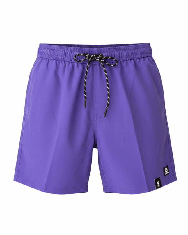 Purple shorts with a drawstring on a white background