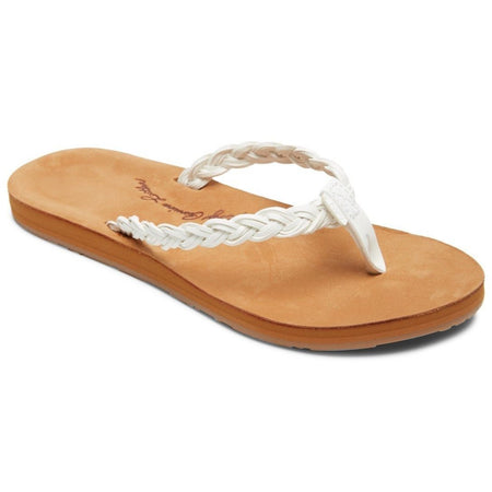 "Lorraine" Roxy sandals with tan sole and white braided strap, for women.