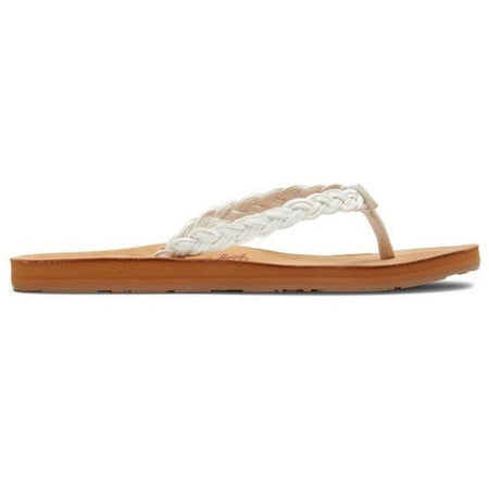"Lorraine" Roxy sandals with tan sole and white braided strap, for women. Side view