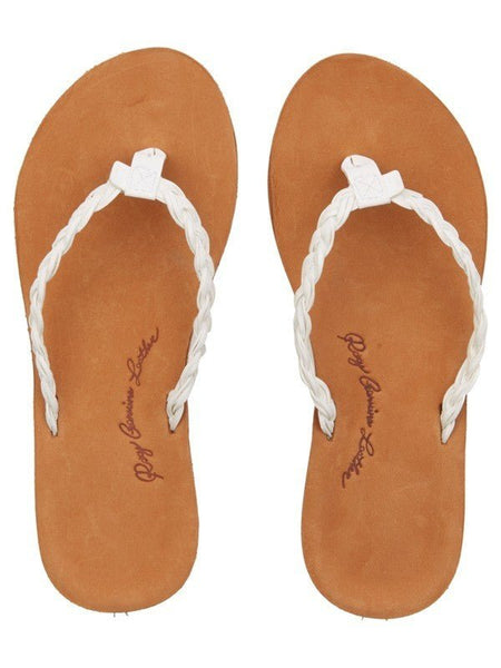 "Lorraine" Roxy sandals with tan sole and white braided strap, for women. Upper view